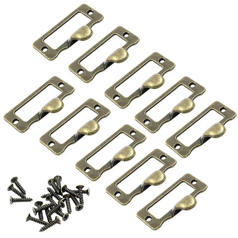 Vintage Antique Bronze Label Pulls For Card Catalogs And Library Drawers, 10 Pack With Screws, Classic Retro Hardware
