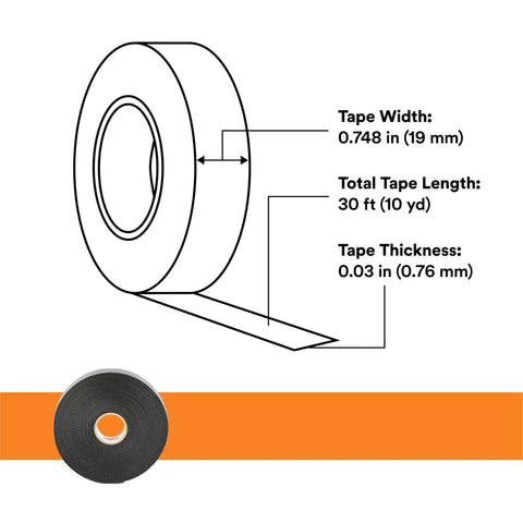 Diagram of Rubber Splicing Tape 23 Self-Fusing EPR Insulating Tape, 3/4 in x 30 ft, Black, with dimensions and thickness detail