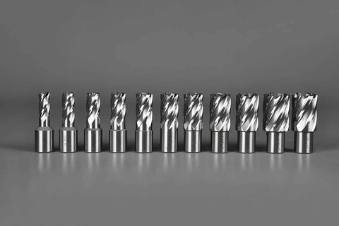 Annular Cutter Set For Magnetic Drill Press 13 Pc Weldon Shank Three Quarter Inch With Cutting Depth One Inch And Diameters From Seven Sixteenths To One And One Sixteenth Inch Made From Tough High Speed Steel HSS Kit With Two Pilot Pins displayed.