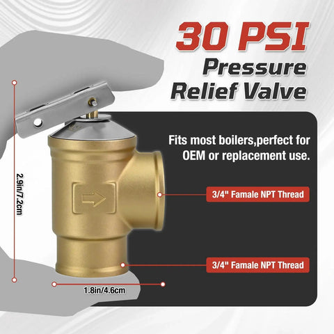 3/4 Inch FNPT Female Inlet And Outlet Automatic 30 PSI Pressure Relief Valve For Hot Water Boilers And Hydronic Heating Systems