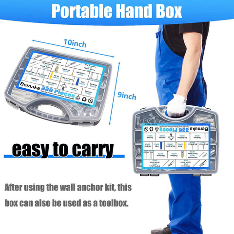 Person carrying 336 Piece Toggle Bolts Heavy Duty Drywall Anchors And Screws Assortment Kit With 11 Sizes in portable hand box
