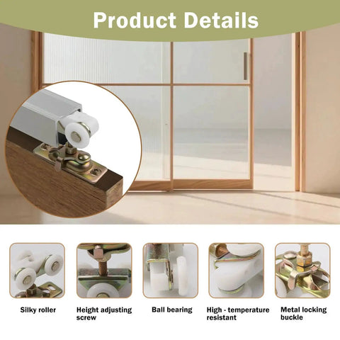 Product details of 2 Pack Three Quarter Inch Pocket Door Rollers Replacement Wheels with Top Hanger for Sliding Doors.
