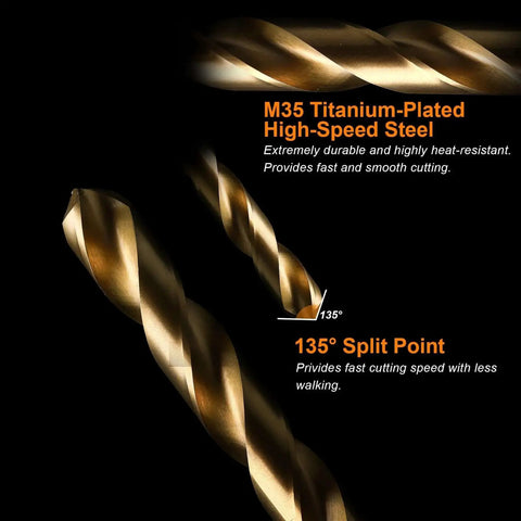 M35 titanium-plated high-speed steel drill bit showing 135-degree split point for fast cutting.