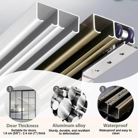 Close-up of Double Sliding Door Track Hardware Kit With Aluminum Rail for Space Saving Bypassing Door System, silver finish, 12.8 ft length.