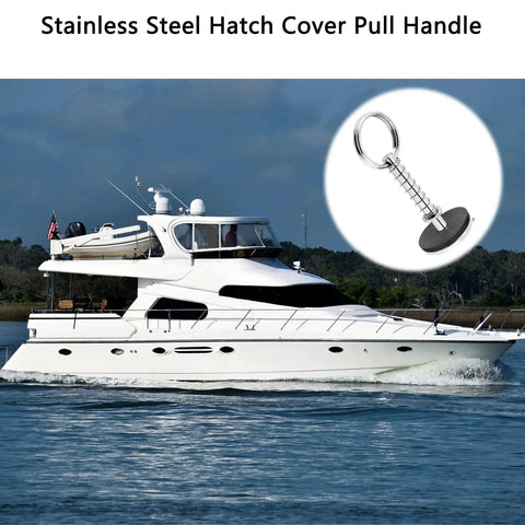 Close-up of stainless steel hatch cover pull handle with spring hidden pin for boats, 1/4 in diameter, 2 in length