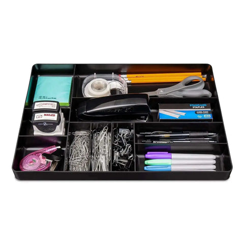 10 Compartment Drawer Organizer Tough As Nails Heavy Duty Stackable Tray For Garage Tool Organization Low Profile Toolbox Storage Keeps Bolts Nails Wrenches And Parts Neatly Separated Easy To Clean High Visibility Made In The USA filled with office supplies