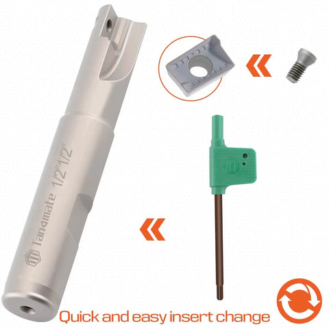 Indexable Carbide End Mill Set With 90 Degree Square Shoulder And 1/2 Inch Shank for Pros, insert and screw with hex key tool visible