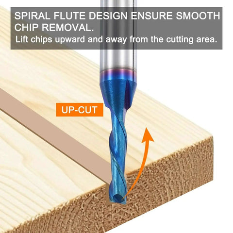One Eighth Inch Up Cut Spiral Router Bit For CNC Woodworking And Engraving Workhorse with blue nano coating shown cutting wood