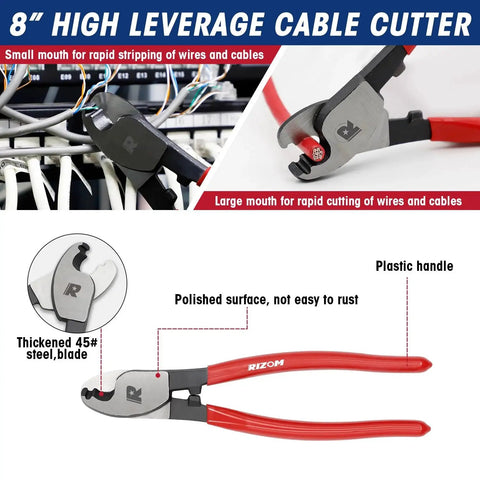 8 inch high leverage cable cutter with polished surface, plastic handle, 45 steel blades for wire and cable cutting.