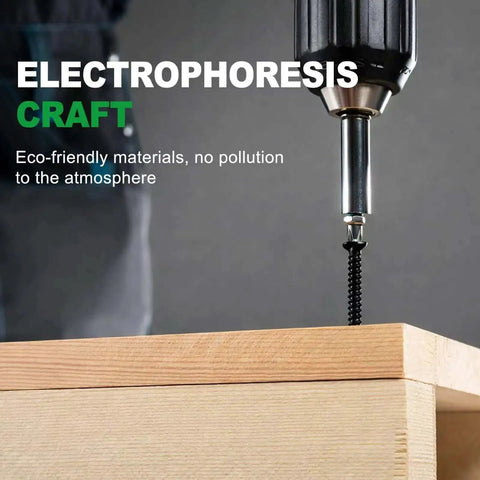 195 Piece Black Wood Screws And Drywall Screws Kit in use; drill screwing into wood, focus on eco-friendly electrophoresis craft.