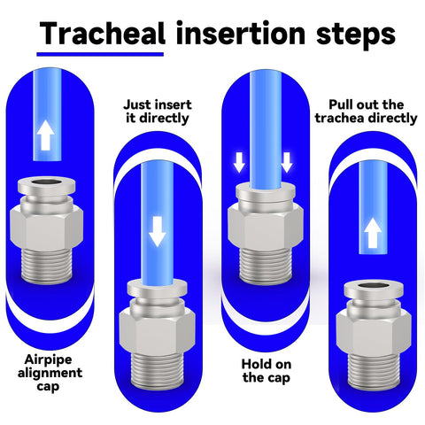 Pneumatic push-to-connect air line fittings diagram with metal hex nut and blue tubing, 1/4 in NPT threads