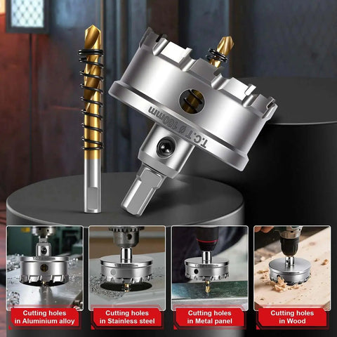Front view of 4 Inch Tungsten Carbide Tipped Hole Saw Set With Spring Loaded Pilot Bits 100mm For Cutting Through Metal Stainless Steel Iron Plastic And Wood Heavy Duty Cutter Kit BEoffer
