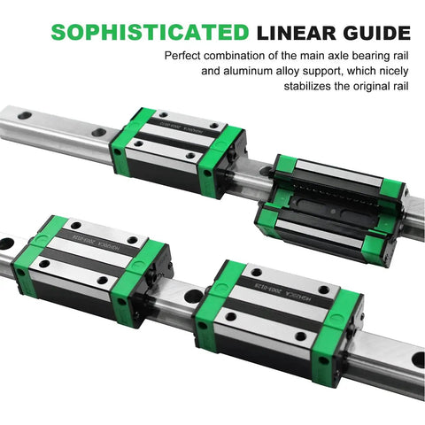 Two HGR20 200mm Linear Guide Rails With Four HGH20CA Carriage Blocks for DIY CNC shown in close-up with green blocks