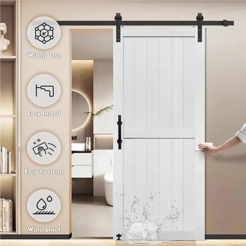 Front view of 36x84 Inch MDF Barn Door Kit with 6.6 Ft Sliding Hardware, solid PVC surface, installed in a modern interior room