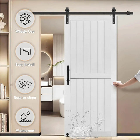 54x84 Inch MDF Barn Door With 10 Foot Sliding Hardware Kit, Waterproof PVC Surface, white door in modern interior setup