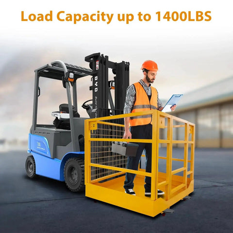 Forklift Safety Cage With Wheels 1400 Lb Capacity Collapsible Aerial Platform attached to a forklift, worker inside performing tasks.