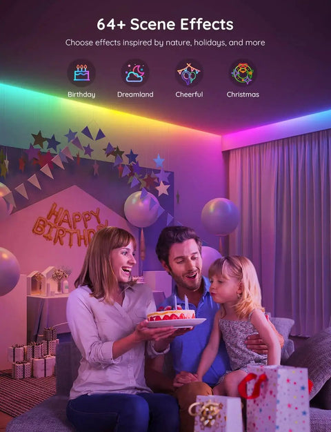 Family celebrating a birthday under RGBIC LED Strip Lights With Bluetooth App Control For Bedroom Decor 16.4ft, featuring festive lighting setup.