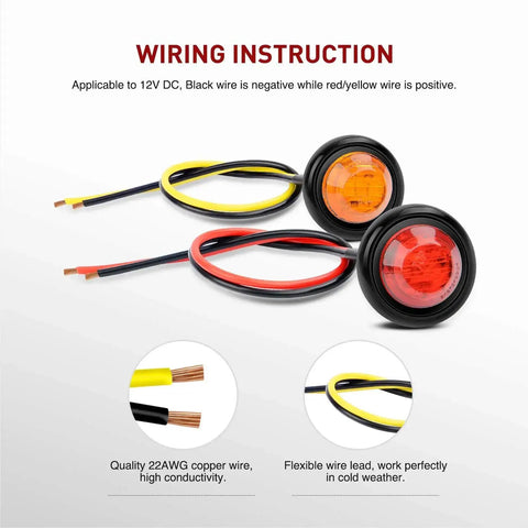 10 Pack Three Quarter Inch Round Mini Led Clearance Lights For Trucks RVs Rigs Buses Trailers Vans Caravans And Boats 12V Red And Amber With Rubber Grommet Surface Mount 60 Lumen Front Rear Side Marker Indicator Kit showing wiring instructions and quality copper wire