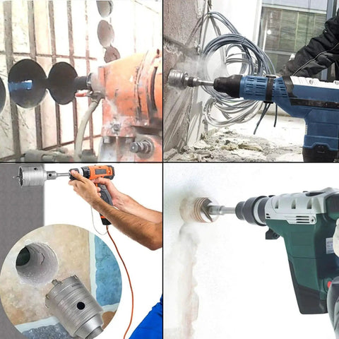 Concrete Hole Saw Kit With Tungsten Steel SDS Plus Shank Heavy Duty Wall Cutter Drill Bit Set in use on concrete and brick walls