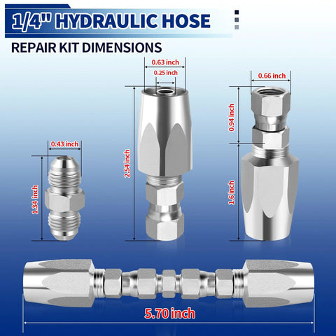 1/4 inch hydraulic hose repair kit with 2 reusable galvanized carbon steel fittings, Amazon brand.
