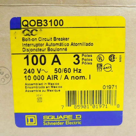 Label of Beefy 100 Amp 3 Pole 240V 3-Phase Bolt-On Circuit Breaker For Industrial Panels, Model QOB3100, yellow background.