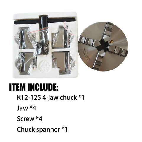 Premium 4 Jaw Lathe Chuck 125mm Self Centering For CNC Machine Tools with accessories and packaging.