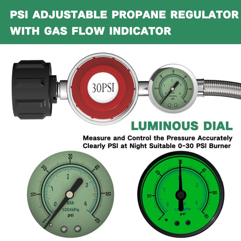 Propane regulator with gauge and stainless braided hose, 5 ft, 0–30 PSI, luminous dial display