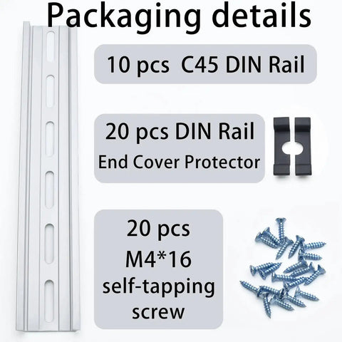 Packaging of Heavy Duty Aluminum DIN Rail Slotted 35mm Wide 7.5mm High 8 Inch Long Universal Mount Kit with screws and end caps.