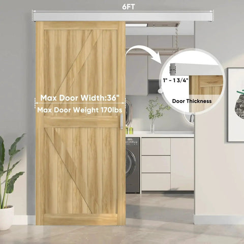 6Ft Sliding Barn Door Hardware Track Kit With Handles, Low Clearance Aluminum Alloy Box Rail Track In Silvery Finish, for doors up to 36 inches wide and 1 to 1-3/4 inches thick, maximum load 170 pounds, installed view in kitchen.