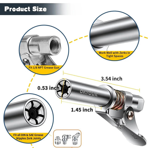 Diagram of Worlds Smallest Grease Gun Coupler For Tight Spaces With 0.53 Inch Diameter High Pressure Quick Release Tip Fits All 1/8 NPT Manual And Electric Grease Guns OKYOUK Recessed Zerks Compatible Durable Locking And Smooth Release, showing dimensions and features.