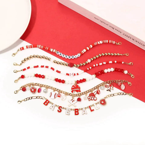 Red and white Six Piece Baseball Trucker Hat Chains for Women and Men Detachable DIY Hat Jewelry Beaded Charms Style D on display.