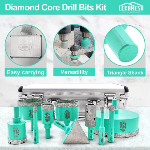 Your Go To Tile Hole Saw Kit With Diamond Core Drill Bits For Porcelain Ceramic Marble Brick And Concrete Sizes 6mm 8mm 10mm 25mm 35mm 50mm 65mm 100mm Plus 20mm Finger Bit And 50mm Chamfer Bit With Triangle Shank, displayed with carrying case.