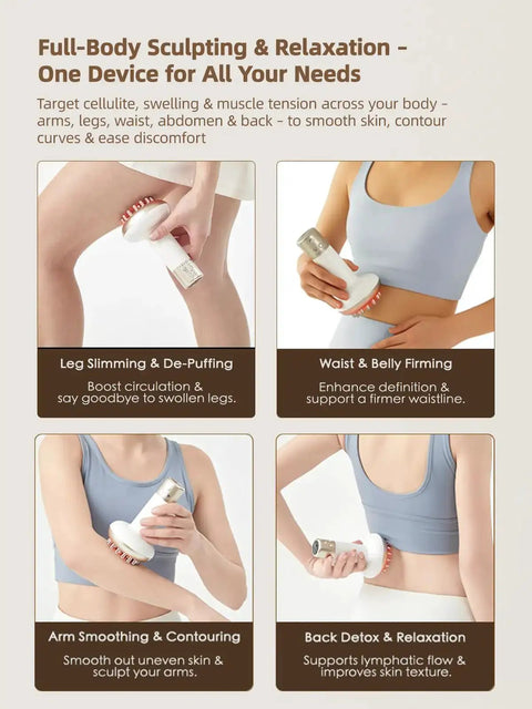 Woman using Home Spa Lymphatic Drainage Massager With Microcurrent Light Heat And Vibration For Legs Arms And Belly