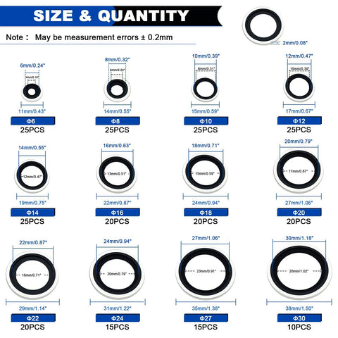 245 Piece Bonded Sealing Washers Set For Automotive And Marine Use NBR Rubber With Zinc Sizes M6 to M30 Size Chart