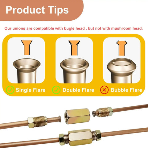Front view of copper brake line replacement kit with two tubes, brass fittings and unions; shown with flare-type diagram