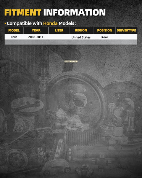 Rear Wheel Bearing Hub Assembly compatibility chart for Honda Civic 2006-2011, highlighted specs and fitment information.