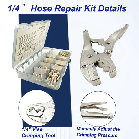 58 Piece Hose Repair Kit For 1/4 Inch I.D. Hoses With Crimp Tool And Fittings, showing crimping tool and fittings case with details