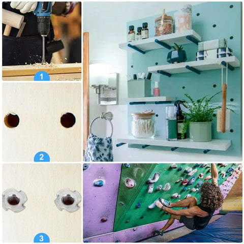 Drilling holes and using Three Eighths Inch T Nuts Four Pronged Tee Nut Zinc Plated Steel for shelving and climbing holds installation.