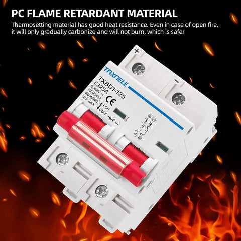 Two Pole 125A 600V DC Miniature Circuit Breaker for Solar PV Setups, white, red switches, plastic body, flame-retardant material