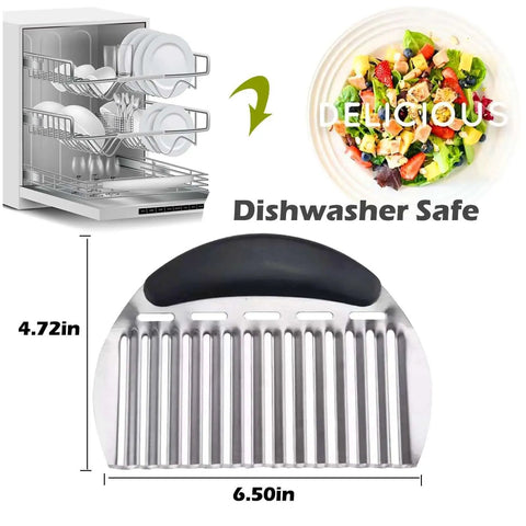 Large Crinkle Cutter For French Fries And Veggies, Stainless Steel Wavy Slicer With Handle shown with dishwasher and salad