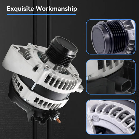Front and side views of Beefed Up 170A High Output Alternator Fits 2014-2018 Silverado 1500 And Sierra 1500, OE Replacement 84143540.
