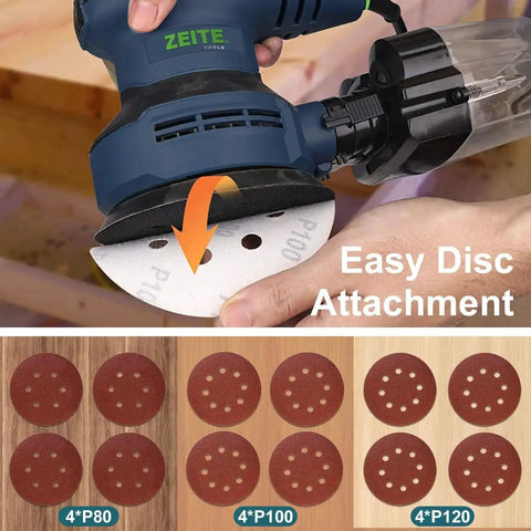 Powerful 3 Amp Random Orbital Palm Sander With Variable Speed From 5000 To 12000 OPM Cyclonic Dust Box Vacuum Adapter And Comes With 12 Pack 5 Inch Sandpapers For A Slick Finish showing easy disc attachment and sandpapers