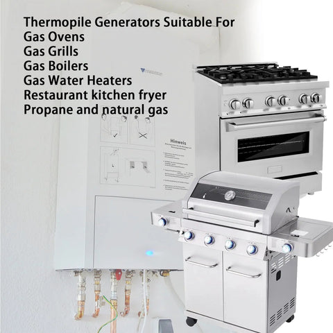 Robertshaw thermopile generator, 36-inch, 250–750 mV, 2-lead with PG9 adapter, shown with stainless gas range and grill
