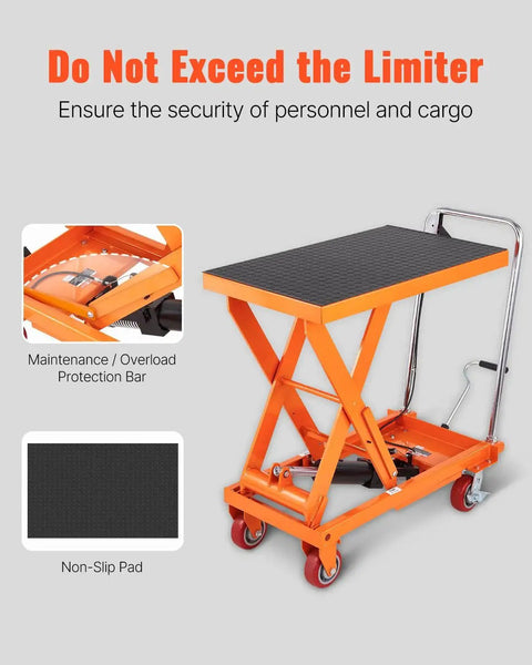 1100 Lbs Hydraulic Lift Table Cart With 11 To 35 Inch Lift Range Four Wheels, orange steel with overload protection and non-slip pad.