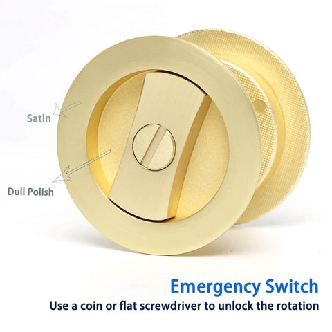 Pocket Door Privacy Lock With Easy Grip Flush Handles Satin Brass Round Knob For Bed And Bath Doors, 2 3 8 Backset, shown face up.