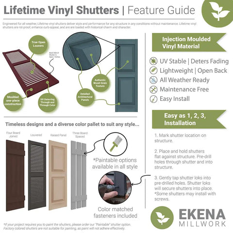 Infographic showing features and installation steps for Lifetime Vinyl Shutters by Ekena Millwork with color-matched screws.