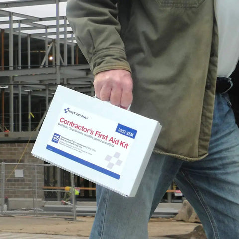 178-Piece Contractor First Aid Kit For Home Renovation And Job Sites 25-Person Capacity seen being carried by a person at a construction site
