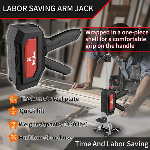 Labor saving arm jack with thickened steel plate and ergonomic grip, shown during a woodwork installation.