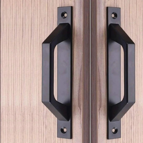 Front view of Four Piece Carbon Steel Sliding Barn Door Handle Set in Matte Black Finish installed on wood gate door, each handle 19.6 cm long.