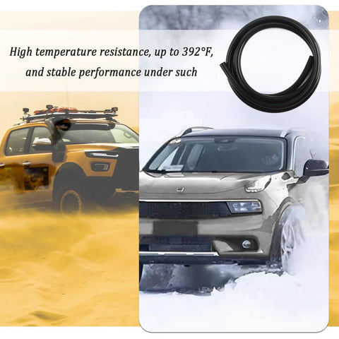 Black automotive vacuum hose coil; high-temp resistant up to 392°F for water/air systems, vehicle in background